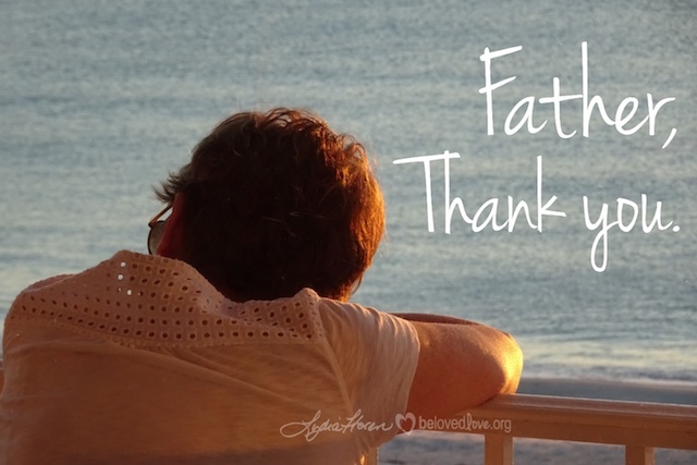 Woman on pier.  Text reads "Father Thank You"