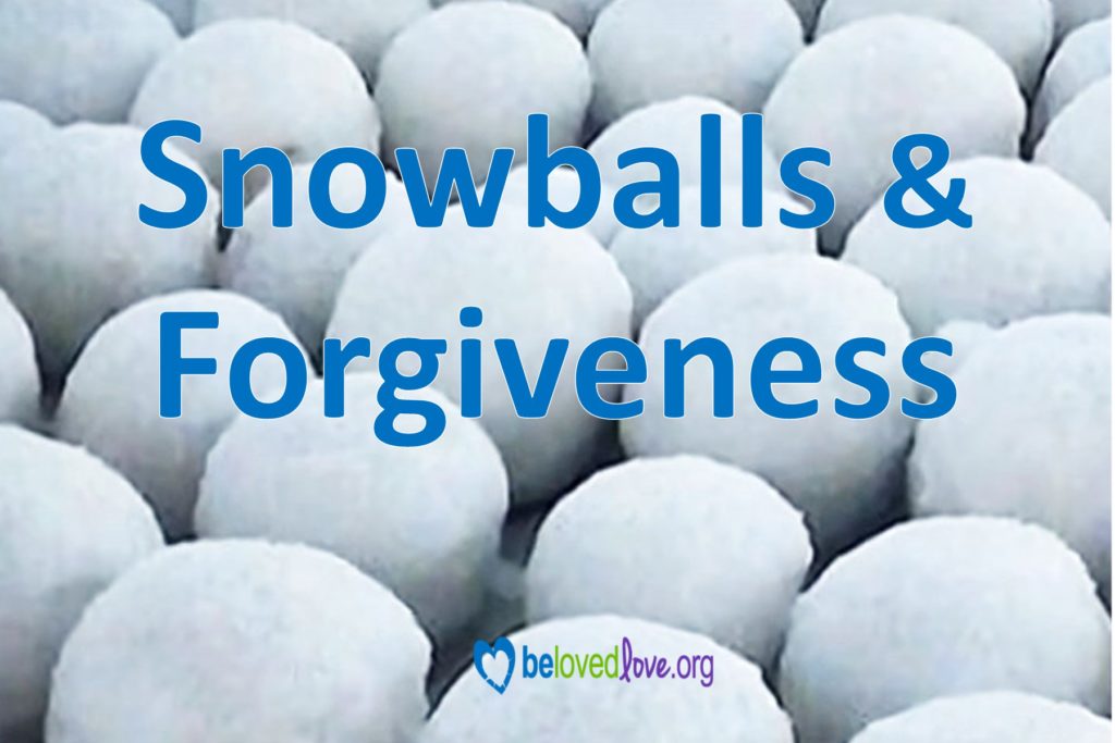 Picture full of evenly spaced snowballs, with the words "Snowballs & Forgiveness" superimposed.