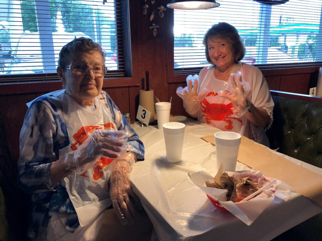 Two women in lobster bibs